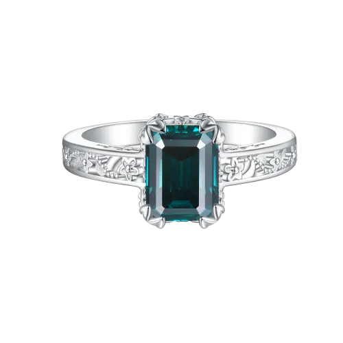 Verdisia - Vintage Floral Emerald Cut Green Moissanite Engagement Ring