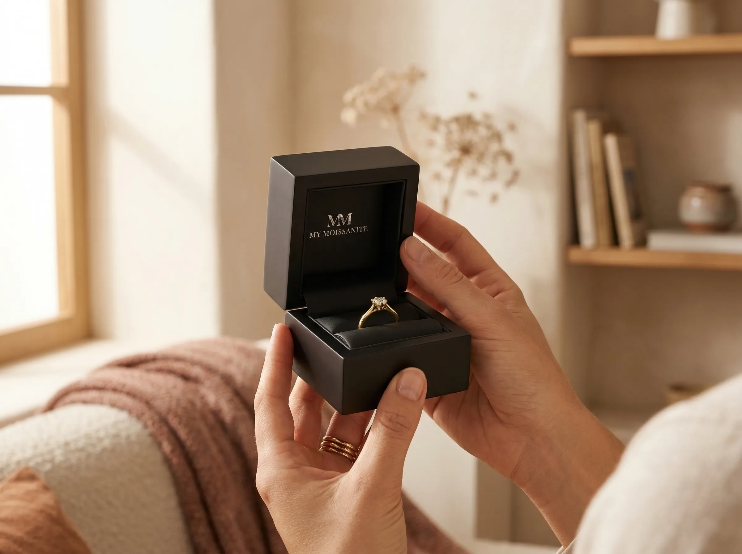 Premium wooden gift box open with ring inside, warm natural light