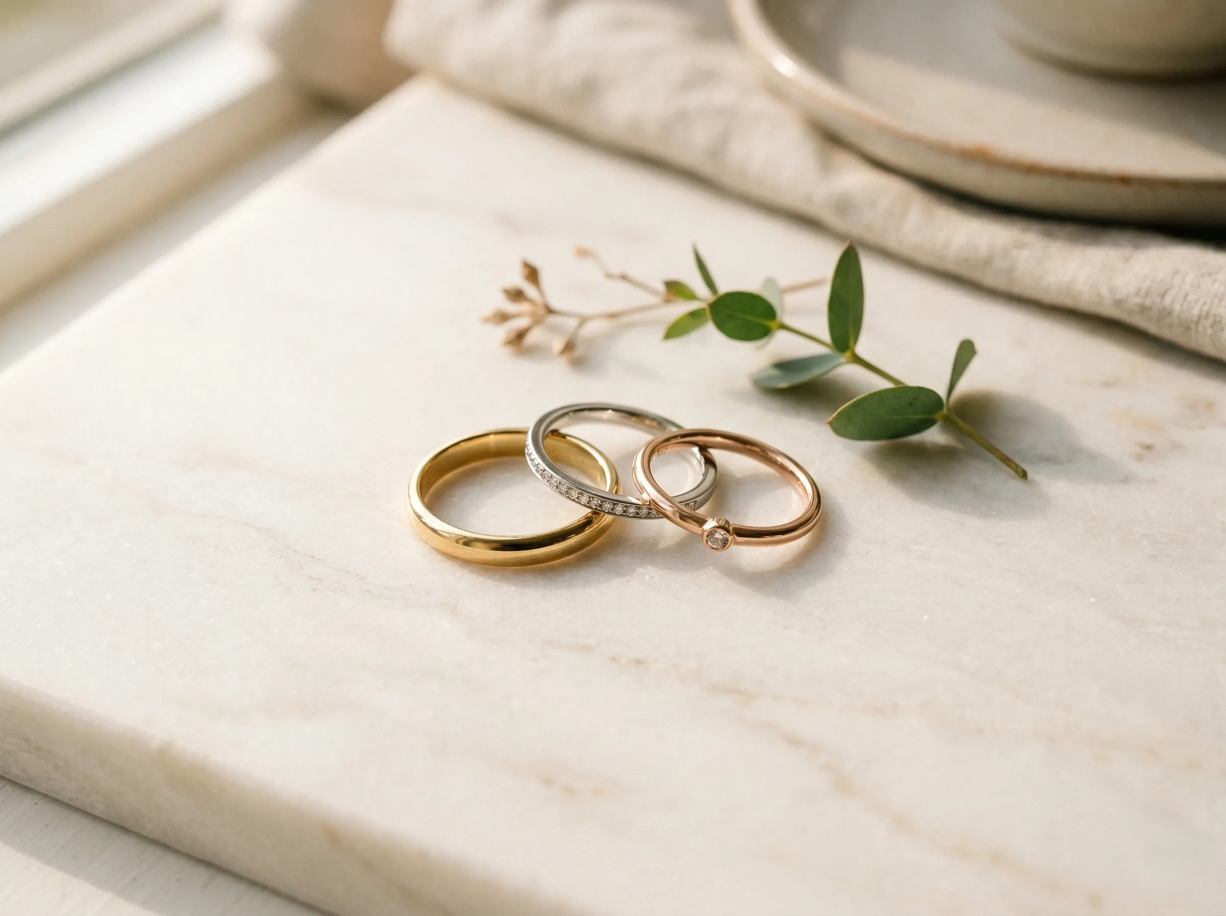 Three rings in yellow gold, white gold, and rose gold on cream marble surface