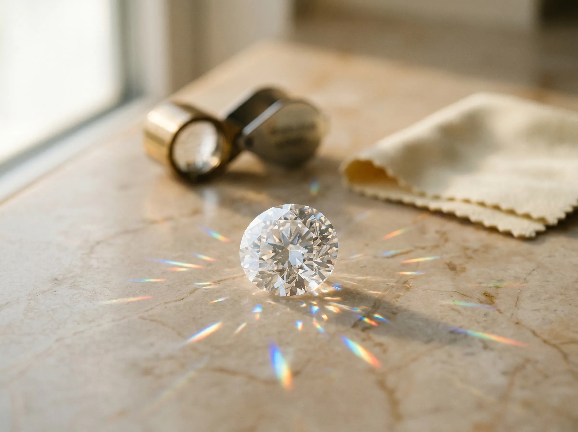 Moissanite gemstone catching natural light with brilliant fire and refractions
